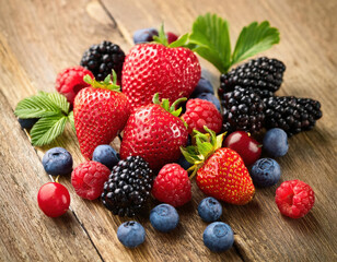 Obraz premium Vibrant assortment of fresh fireberries and blueberries displayed on a rustic wooden surface