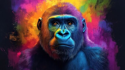 Colorful gorilla portrait on vibrant, abstract background.
