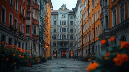 Fototapeta premium Charming European alleyway with colorful buildings, ornate architecture, and vibrant orange flowers in planters. A picturesque scene perfect for travel or city life imagery.