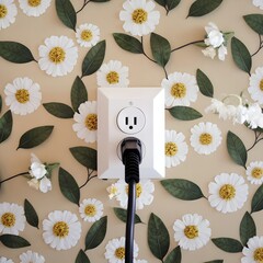 Type B wall outlet. Floral wallpaper.