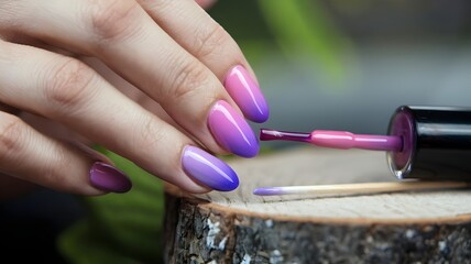 Multicolored nail polish being applied to woman's hands.