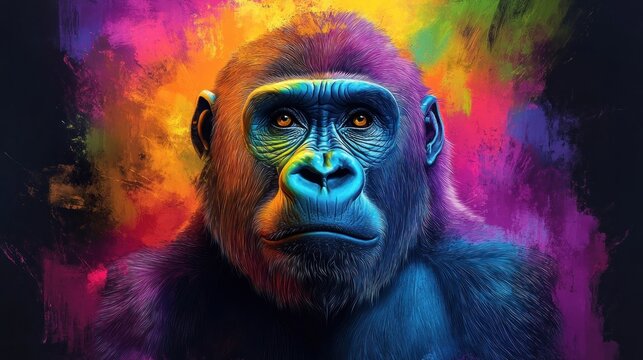 Colorful gorilla portrait on vibrant, abstract background.
