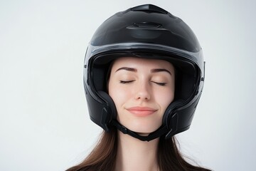 A woman is pictured wearing a helmet with her eyes closed, likely preparing for an activity or waiting instructions