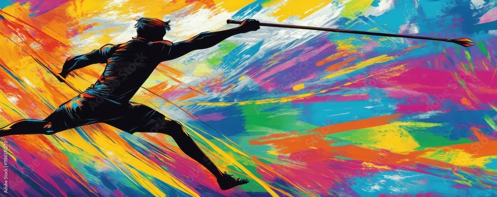 Poster silhouette of an athlete throwing a javelin, dynamic pose, vibrant colorful background with abstract