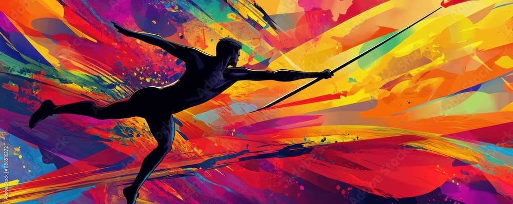 Poster silhouette of an athlete throwing a javelin, dynamic pose, vibrant colorful background with abstract