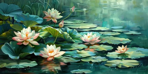 lotus flowers on water surface swamp or lake serene nature hand drawn illustration picture