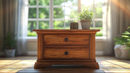 Wooden nightstand by sunny window, tranquil home interior.