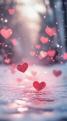 Obraz premium Glowing heart-shaped bokeh lights blurred over a pastel background, perfect for romantic themes, book illustration style