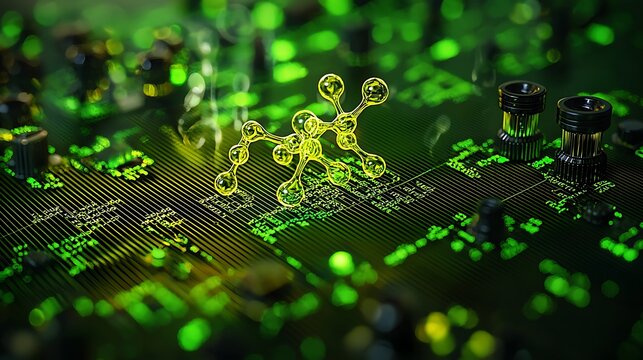Nanotechnology Molecular Structure on Circuit Board Green Technology Futuristic Science Abstract