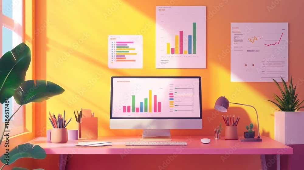 Aufkleber engaging data presentation with charts and illustrations in a creative workspace setting, illustrati