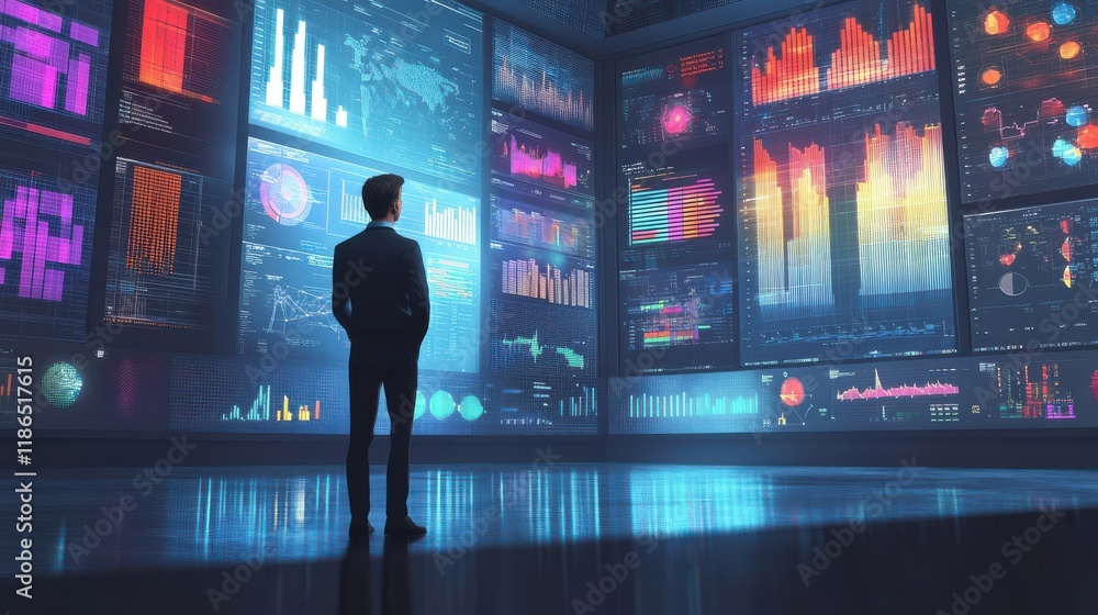 Poster data driven decisions: a businessman stands confidently before a large screen displaying a comprehen