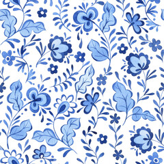 watercolor illustration, seamless pattern of blue ornaments. folk pattern