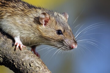 A close-up shot of a brown rat perched on the end of a tree branch, looking out at the viewer