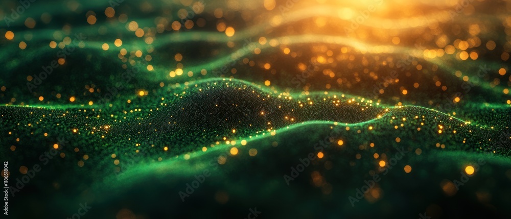 Poster a mesmerizing abstract landscape with glowing particles and flowing waves.