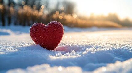Fototapeta premium Valentine's day heart in snowy landscape at sunrise for romantic winter themes