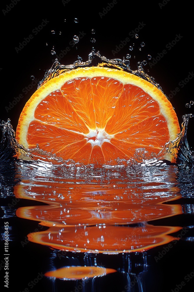 Poster vibrant orange slice splashing into water, creating dynamic water droplets and reflections. a captiv