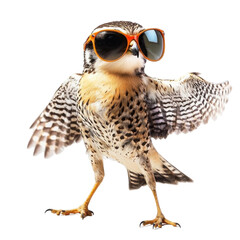 Fototapeta premium Funny Kestrel in Large Sunglasses Dancing with Wings Outstretched for a Memorable Photo Opportunity