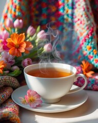 Fototapeta premium Cozy still life of steaming tea with vibrant flowers in a cup surrounded by colorful knitted textures creating a warm atmosphere