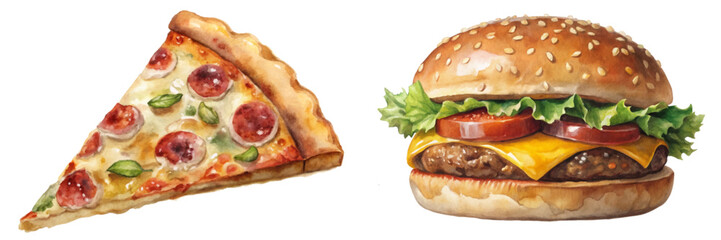 Delicious pizza slice, juicy hamburger, vibrant colors, food illustration, appetizing design, culinary art, restaurant menu.