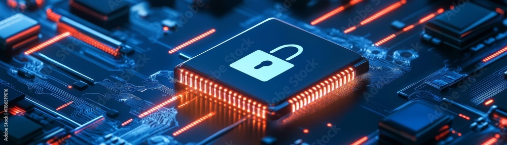 Poster cybersecurity lock on computer chip, protecting data and hardware in a digital world