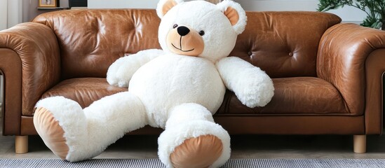 Giant white teddy bear relaxing on a brown leather couch.