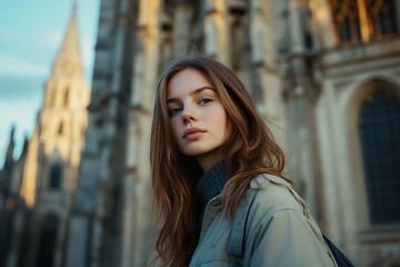 Fototapeta premium Slim young woman standing in front of a historic cathedral, portrait, soft light illuminating the grand architecture behind her, peaceful holiday scene, calm and reflective expression