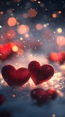 Obraz premium Delicate heart-shaped glowing bokeh lights softly floating over a gradient background, evoking love and warmth, book illustration style
