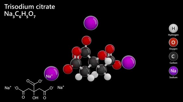 Trisodium Citrate. Sodium salt of citric acid. Animated 3D model of a molecule. Molecular formula: C6H5Na3O7. Chemical model: Ball and stick. Black background. 3D rendering. Seamless loop.