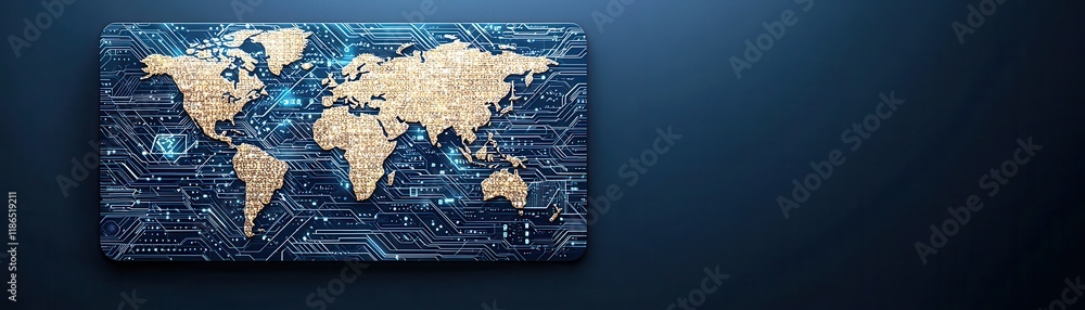 Poster a stylized world map with a blue background, featuring intricate circuit patterns, symbolizing techn