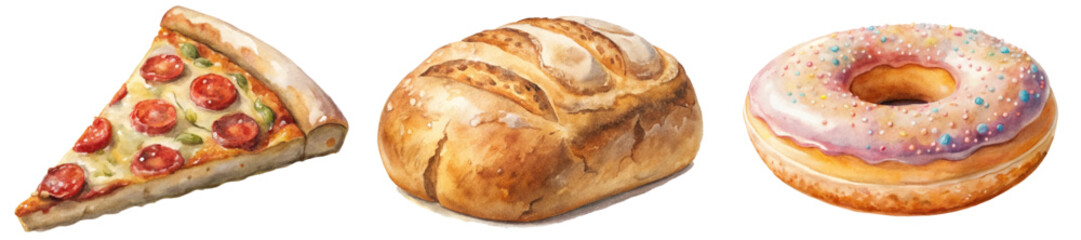 Delicious pizza slice, fresh baked bread, colorful donut, watercolor illustration, food art, culinary delights.