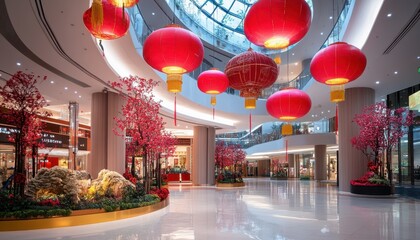 Festive Red Lanterns and Floral Decor in Modern Shopping Mall Atrium