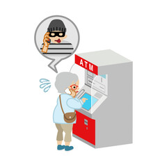 詐欺師とスマホで通話しながらATMを操作するシニア女性 - 特殊詐欺