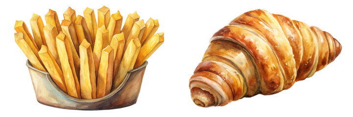 French fries in basket, golden crispy texture, buttery croissant, delicious baked goods, food illustration, culinary art.