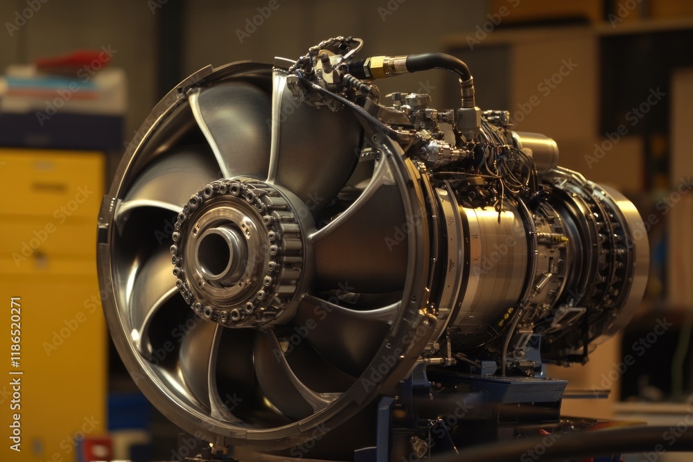 Poster a jet engine sits on top of a table, ready for use or display