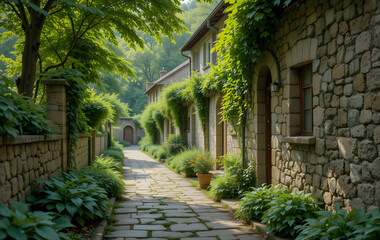  A charming stone alley, enveloped by lush greenery, situated in a tranquil village setting