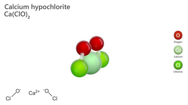 Calcium Hypochlorite. Bleaching agent. Animated 3D model of a molecule. Molecular formula: Ca(ClO)2. Chemical model: Ball and stick. White background. 3D rendering. Seamless loop.