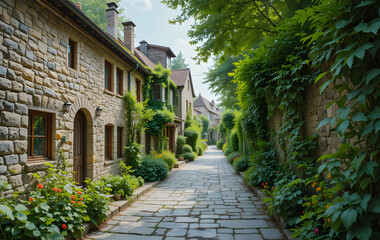  A charming stone alley, enveloped by lush greenery, situated in a tranquil village setting