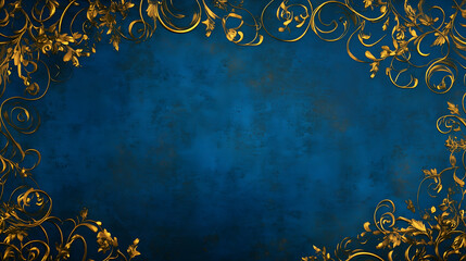 Vintage background in royal blue, with distressed textures and ornate golden swirls, evoking an antique regal feel