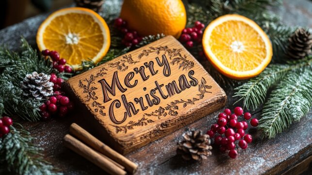 Rustic Merry Christmas Sign: A charming wooden sign with the words "Merry Christmas" elegantly engraved, surrounded by festive oranges, cranberries, pine sprigs, and cinnamon sticks. - Powered by Adobe