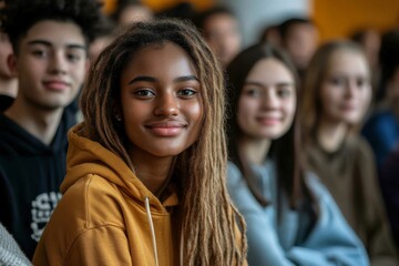 Fototapeta premium Multiracial group of happy classmates at high school looking at camera. Generative AI