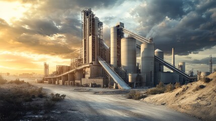 Obraz premium Industrial development site at sunset concrete factory urban landscape industrial environment wide angle view progress in manufacturing