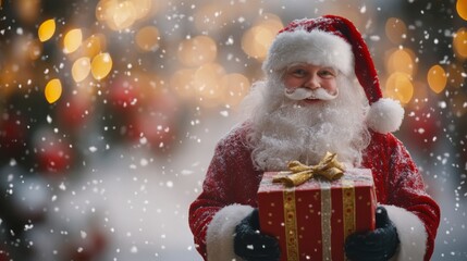 Santa's Festive Delivery: A jovial Santa Claus, with a snowy beard and a twinkle in his eye, carries a beautifully wrapped gift, creating a magical scene filled with holiday cheer.