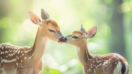Obraz premium Fawn Affection: Two spotted fawns nuzzle gently in a sun-dappled forest.