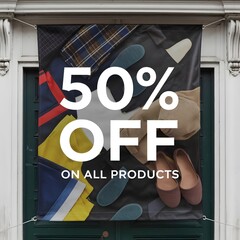 Sale banner on side of neoclassical styled building. 50% off sale sign.