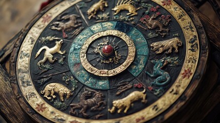 Intricate Zodiac Wheel with Bronze and Gold Animal Sculptures