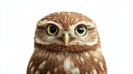Naklejka premium Little owl portrait: Intense gaze, brown and white feathers, close-up view.