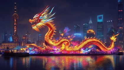 Fototapeta premium Luminous Dragon Lantern Festival in Modern City at Night