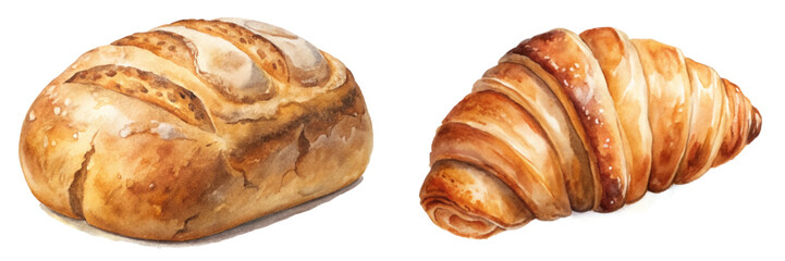 Freshly baked bread, artisan loaf, buttery croissant, watercolor illustration, food art, culinary design.