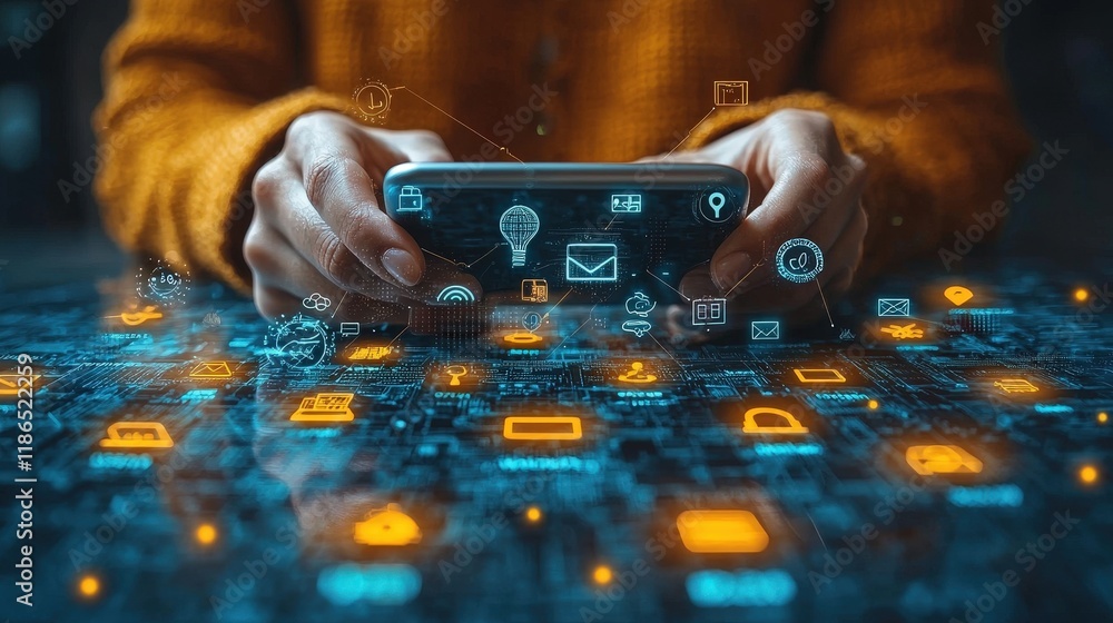 Poster a person interacts with a smartphone and various digital icons representing apps and services. this 