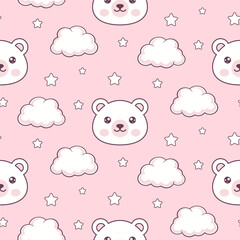 Kawaii little white bear on pink background with white clouds and stars. Vector seamless pattern. Best for textile, wallpapers, nursery decoration, wrapping paper, package and your design.